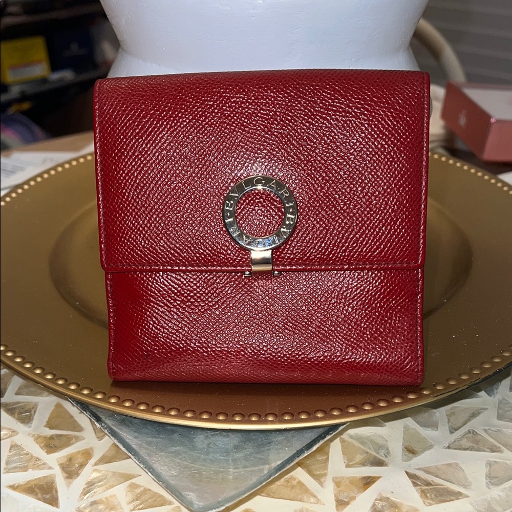 Bulgari Red Leather Wallet With Blue Leather Interior
